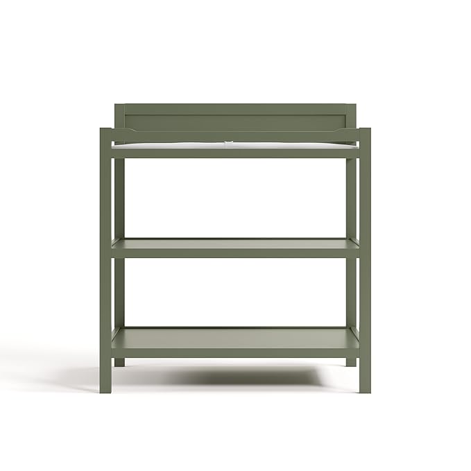 Storkcraft Alpine Changing Table (Olive) - Includes Water Resistant Changing Pad with Safety Strap, 2 Open Shelves for Storage