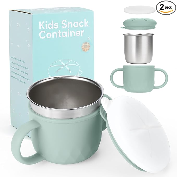 Toddler Snack Containers Stainless Steel Spill-Proof Snack Containers for Toddlers with Spill-Proof Silicone Lids and Handles 4-in-1 Baby Snack Cup is Dishwasher Safe for Easy use On The Go（Green）