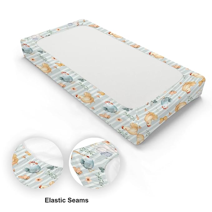 Watercolor Farm Chicken Butterflies Flowers Floral Stripes Baby Changing Pad Cover, Unisex Chicken Nursery Diaper Changing Table Pad Mat Sheet for Boys Girls-16x32