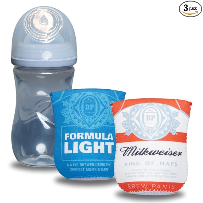 American Beer Themed Coozies for Baby Bottles - Funny Gift for New Parents & Baby Showers - (2 Premium Designed Neoprene Coozies + BPA/Lead/Phthalate Free Bottle Included)