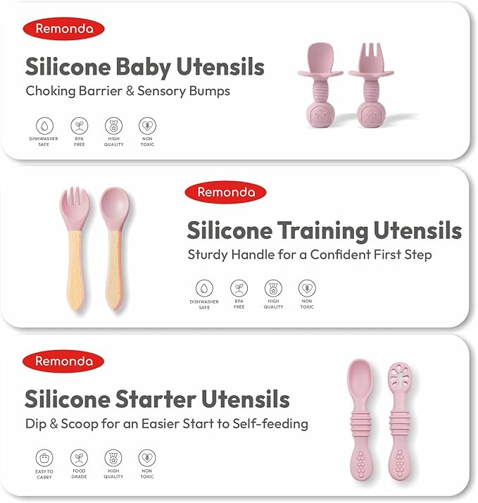 Remonda 23-Piece BPA-Free Silicone Baby Feeding Set | Extra Large Suction Plates, Toddler Bowls, Self Feeding Spoons, and More | Dishwasher Safe| Baby Led Weaning Supplies (Pink)