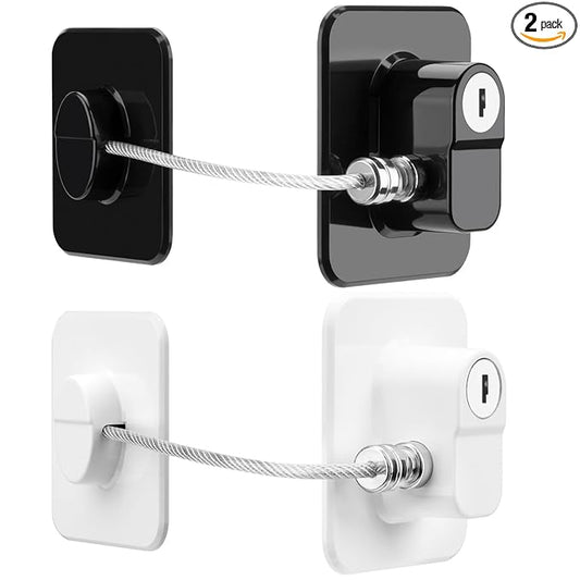 Fridge Lock, 2PCS Upgraded Refrigerator Lock for Freezer, Cabinets and Drawers, Air Fryer, Closets, Windows, Doors, Durable ABS with Adhesive Backing, Easy Install, No Tools Needed, Black & White