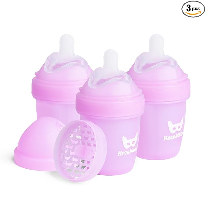 Herobility Anti-Colic Baby Bottles 5 fl oz /140 ml – Pack of 3 Newborn Baby Bottles, Slow Flow Plastic Bottles, Breast-Shaped Teat for Breastfed Babies, Small Baby Bottles, Swedish Design, Purple