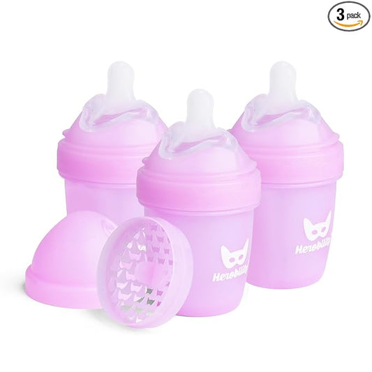 Herobility Anti-Colic Baby Bottles 5 fl oz /140 ml – Pack of 3 Newborn Baby Bottles, Slow Flow Plastic Bottles, Breast-Shaped Teat for Breastfed Babies, Small Baby Bottles, Swedish Design, Purple
