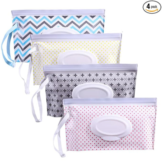 4PCS Baby Wipes Dispenser Travel Baby Wipe Holder Portable Wet Wipe Dispenser Bag Reusable Travel Baby Wipes Container Refillable Wet Wipe Carrying Case Holder Wet Wipe Pouch