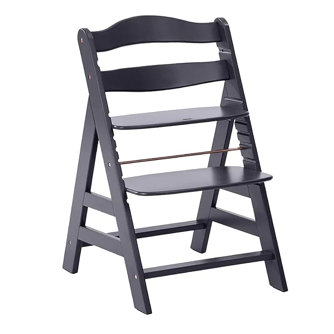 hauck Alpha+, Dark Grey - Wooden High Chair Made of Beech for Children from 6 Months up to 90 kg - Includes 5-Point Strap, Crotch Strap, Protective Bar - Compatible with Many Accessories