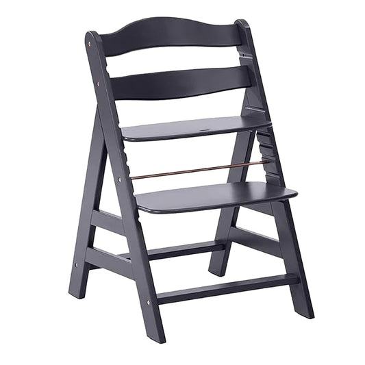 hauck Alpha+, Dark Grey - Wooden High Chair Made of Beech for Children from 6 Months up to 90 kg - Includes 5-Point Strap, Crotch Strap, Protective Bar - Compatible with Many Accessories