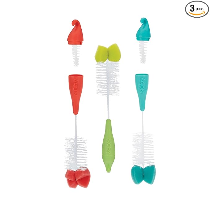 Nuby Bottle and Nipple Brush with Bristles and Sponge Tip | 3 Pack: Aqua, Coral, Lime Green| Hanging Handle with Hook for Drying