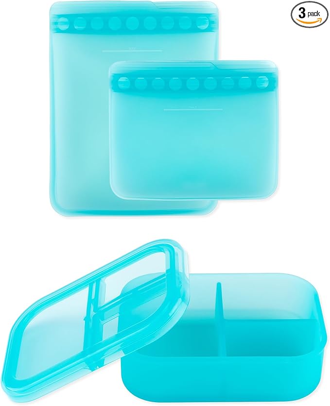 Bumkins - Silicone Bento Box & Reusable Snack Bag Set - 3 Sections & Leak-Proof Lid - Food Safe - 2 Zip Bags - Washable, Microwave, Freezer & Dishwasher Safe - 3 pack - Blue