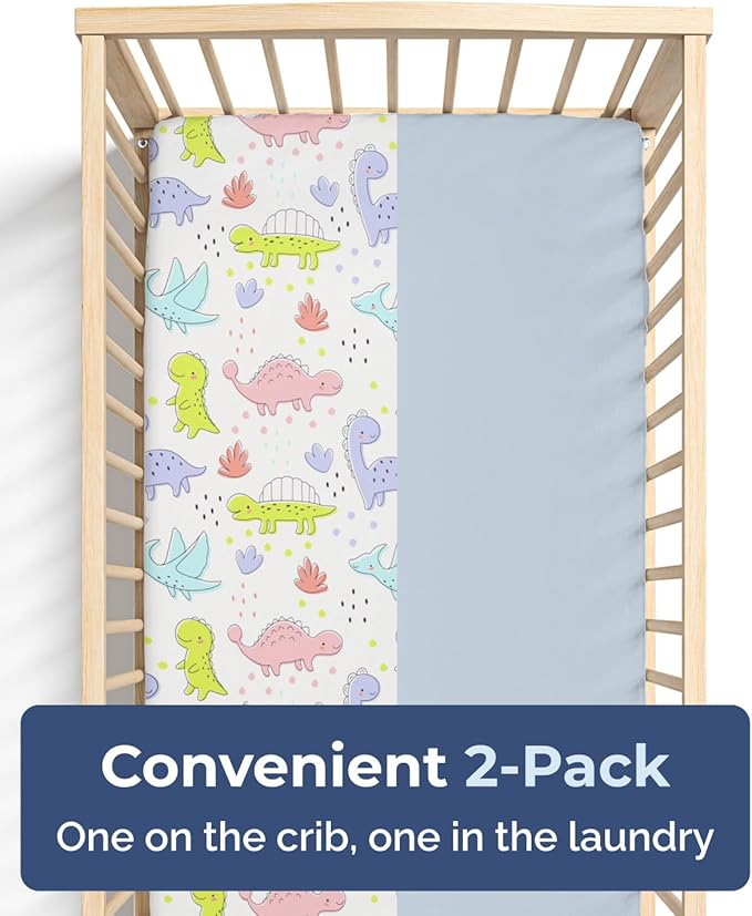 Baby Crib Sheets for Boys & Girls - Pack of 2 Fitted Microfiber Crib Sheets for Standard Crib & Toddler Mattress - Soft, Breathable and Wrinkle Free - Machine Washable - Oeko Tex - 52x28x8in - Dinos
