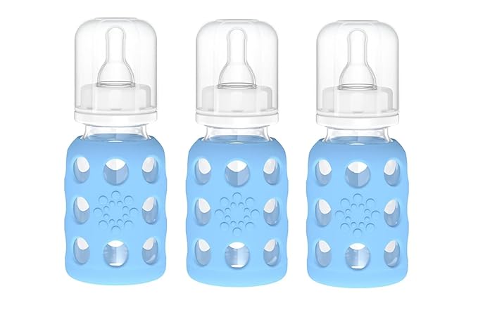 Lifefactory Glass Baby Bottle BPA Free | Protective Silicone Sleeve | 4 oz Pack of 3 | Sky Blue