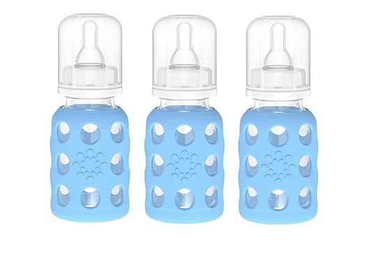 Lifefactory Glass Baby Bottle BPA Free | Protective Silicone Sleeve | 4 oz Pack of 3 | Sky Blue