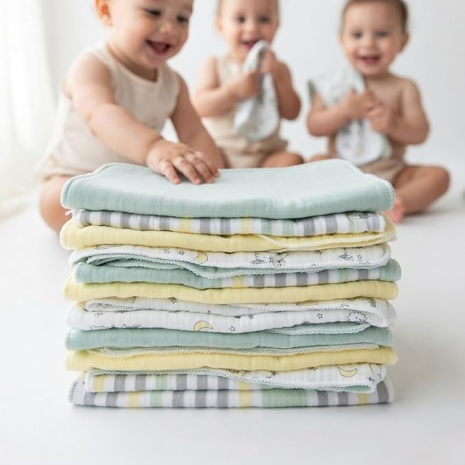 EVERYDAY KIDS 12 Pack Burp Cloths for Baby Boys and Girls - Sheeps, Clouds and Stars