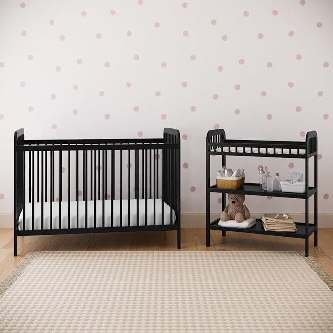 Storkcraft Pasadena Changing Table with Water-Resistant Changing Pad (Black) - GREENGUARD Gold Certified, Includes Bonus Water-Resistant Changing Pad with Safety Strap, 2 Open Shelves