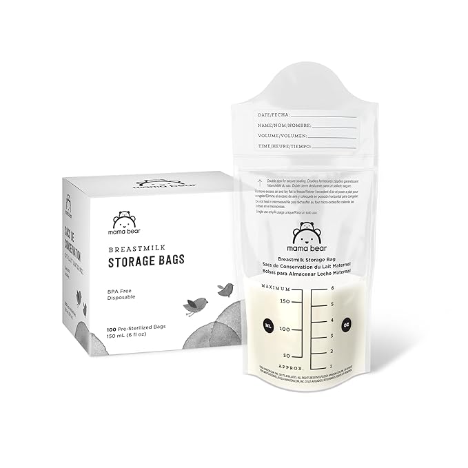 Amazon Brand - Mama Bear Breastmilk Storage Bags, Pre-Sterilized, BPA Free, Double Zips, for Refrigeration and Freezer Storage, 100 Count, 6 fl oz (Pack of 12)