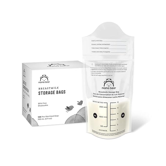 Amazon Brand - Mama Bear Breastmilk Storage Bags, Pre-Sterilized, BPA Free, Double Zips, for Refrigeration and Freezer Storage, 100 Count, 6 fl oz (Pack of 12)