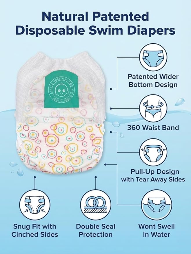 Little Toes Premium Natural Disposable Swim Diapers, Size 1–2 Small (13–20 lbs) (12 Count) | Baby Disposable Swim Diapers | Hypoallergenic, Chlorine & Fragrance-Free | Gentle on Sensitive Skin