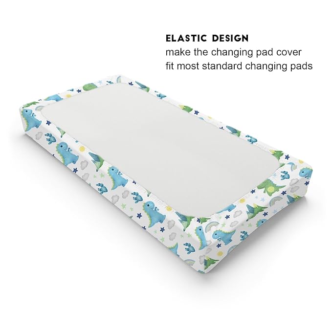 Dinosaur Rainbow Diaper Changing Pad Cover Sheets for Boy Girl 32''x16'' Cartoon Dino Sun Star Cactus Mountain Unisex Fitted Change Table Pad Covers Comfort Soft Breathable Baby Changing Table Mats