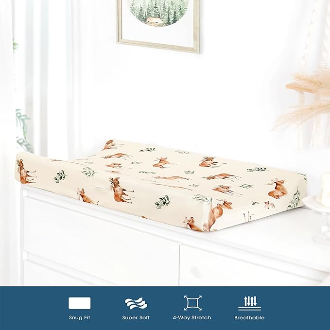 GRSSDER Stretch Ultra Soft Jersey Knit Changing Pad Cover Set 2 Pack, Change Table Pad Covers Fit 32"/34" x 16" Pads Safe and Snug, Stylish Elk Animals Pattern