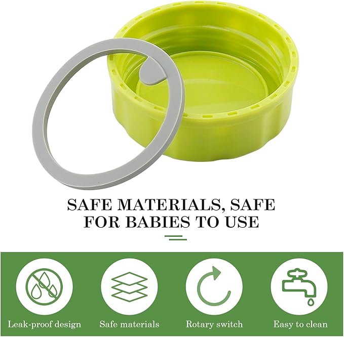 6pcs Baby Bottle Caps with Sealing Gasket, Travel and Storage Bottle Lids Airtight Replacement Caps for Wide Neck Glass Bottles (Green)