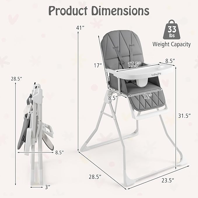BABY JOY Foldable High Chair, Portable Highchairs for Babies and Toddlers with 3-Position Adjustable Tray & Footrest, Removable Seat Cushion, 5-Point Safety Harness, Space Saving Design (Gray)