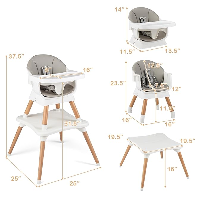 HONEY JOY 9-in-1 Baby High Chair, Convertible Wood Highchair for Babies and Toddlers/Dining Booster Seat/Table & Chair Set, Toddler Stool w/5-Point Safety Harness, Removable Cushion & Tray (Gray)