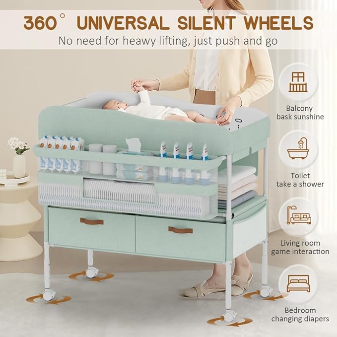 Diaper Changing Station, Portable Changing Table for Baby, Diaper Changing Table with Storage Drawers, Waterproof Baby Changing Station with Wheels and Adjustable Height for Newborn Infant (Green)