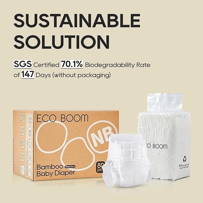 ECO BOOM Newborn Diapers, Natural Soft Disposable Nappies for Infant, Hypoallergenic, Size 1 Suitable for up to 10 lbs (X-Small - 80 Count)