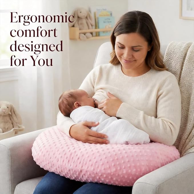 Nursing Pillow, Breastfeeding Pillows with Removable Cover for Mom with Breathable Filling, Ergonomic Baby Feeding Essentials for Bottle and Breastfeeding (Pink)