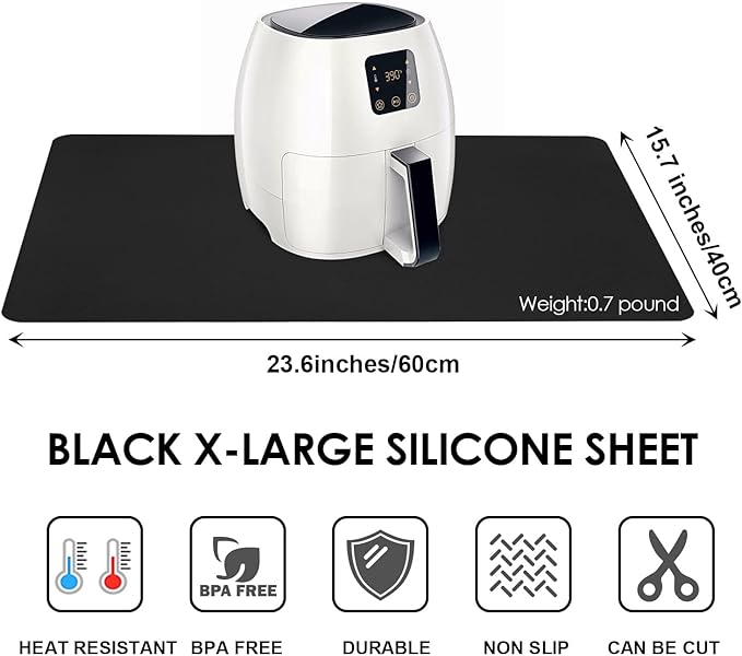 Food Grade Silicone Mats for Kitchen Counter - Countertop Protector Mat Heat Resistant Mat for Air Fryer, Non-Slip Kids Dinner Table Placemat, Nonstick Silicone Mat for Pastry, Baking, Black 1 Pack