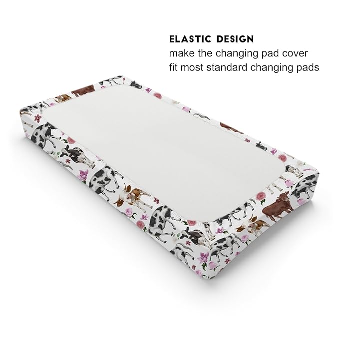 Cute Cows Changing Pad Covers Watercolor Cows Boho Floral Baby Nursery Diaper Changing Pad Sheets for Boys Girls Ultra Soft Breathable Stretch Changing Table Mat Sheets Cover 32''x16''