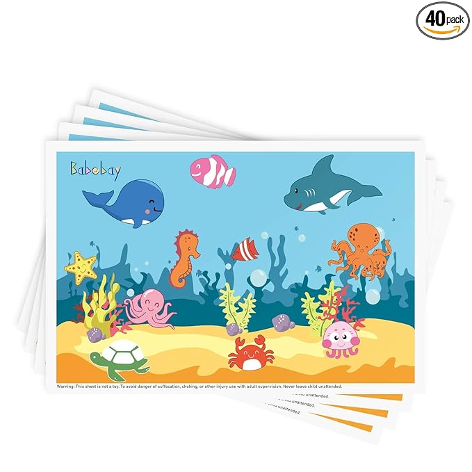 Disposable Stick-on Placemats 40 Pack for Baby & Kids, Toddler Placemats in Reusable Pouch 12" x 18" (Blue Ocean Life)