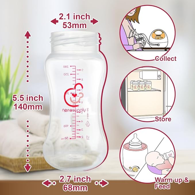 Nenesupply Feeding and Storage Bottles Collection for Spectra S1 S2 Motif Luna Breast Pumps 2 pc 9oz 280ml with Sealing Disc Anti Colic Feeding Breastmilk Storage Replace Spectra Bottles