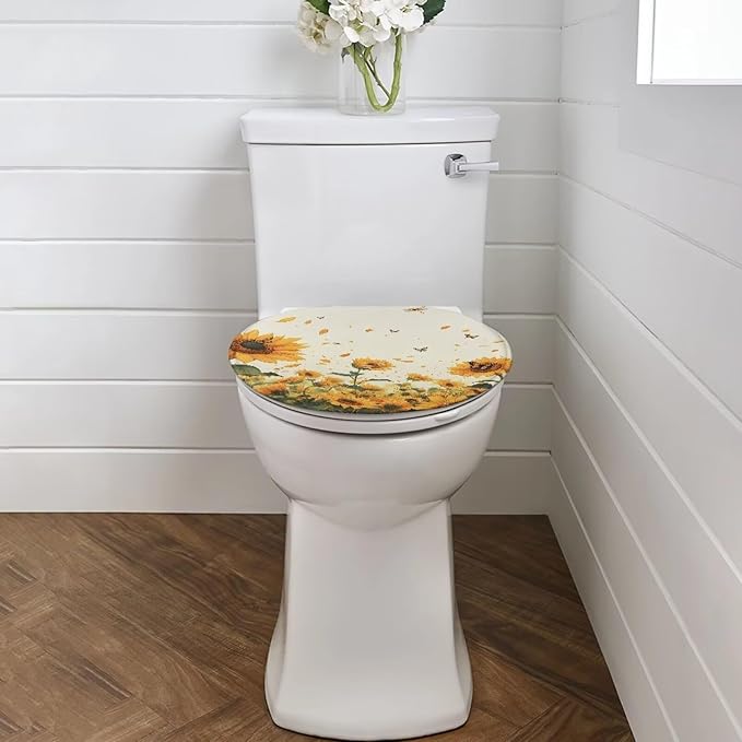 Sunflower Toilet Cover Seat Dust Covers Soft Flannel Fabric Bathroom Covers Elastic Edges Stretch Washable Toilet Lid Covers for Bathroom Covers Stains