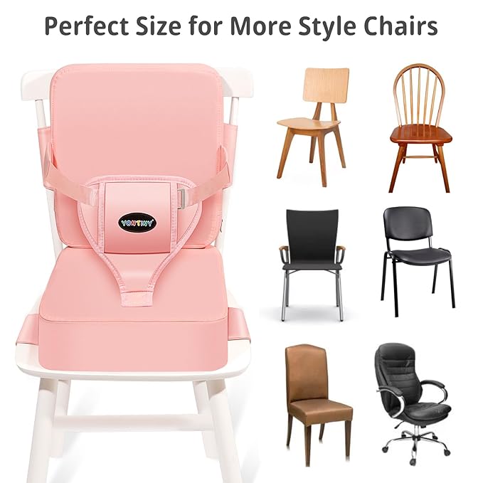 Toddler Booster Seat for Kitchen Chair with Removable Backrest & Adjustable Straps, PU Portable Waterproof & Non-Slip Booster Seat for Dining Table, Travel Child Eating Cushion - Pink