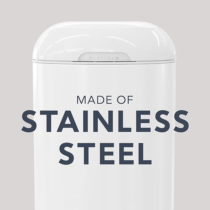 Diaper Genie Platinum Pail (Lily White) is Made in Durable Stainless Steel and Includes 1 Easy Roll Refill with 18 Bags That can Last up to 5 Months.