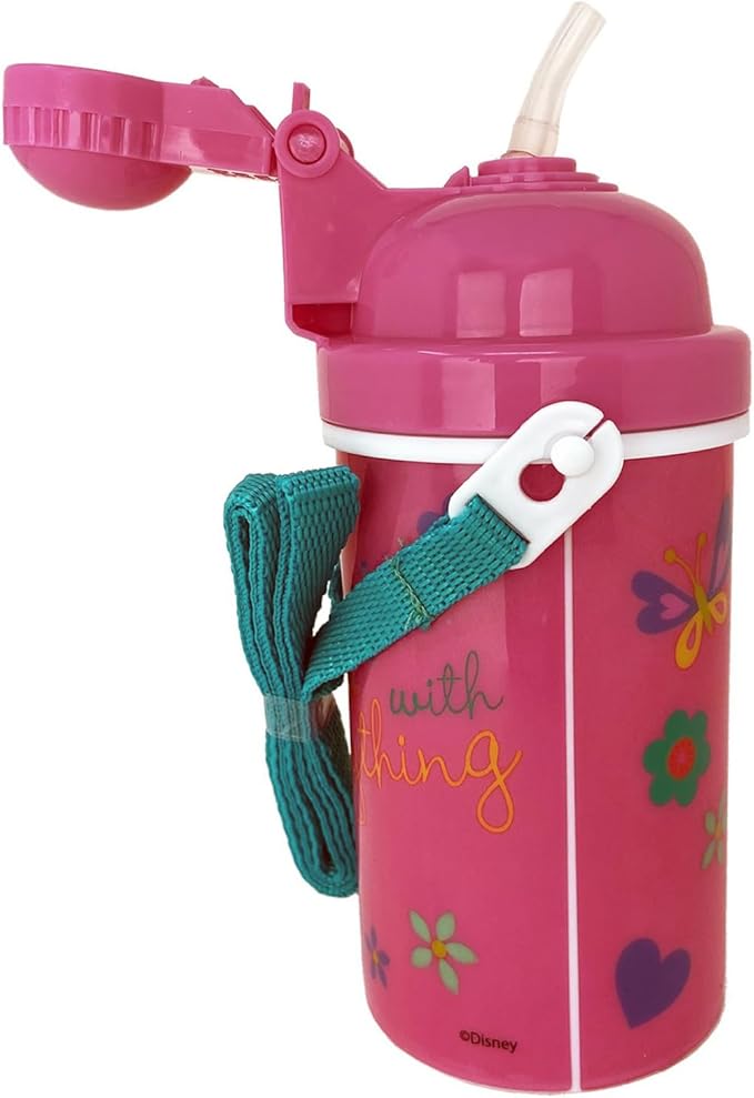 GRANSHOP Disney Classic Minnie Carrying Strap One Touch Water Bottles with Reusable Built in Straw - Safe Approved BPA Free, Easy to Clean (Minnie Canteen 16.9oz)