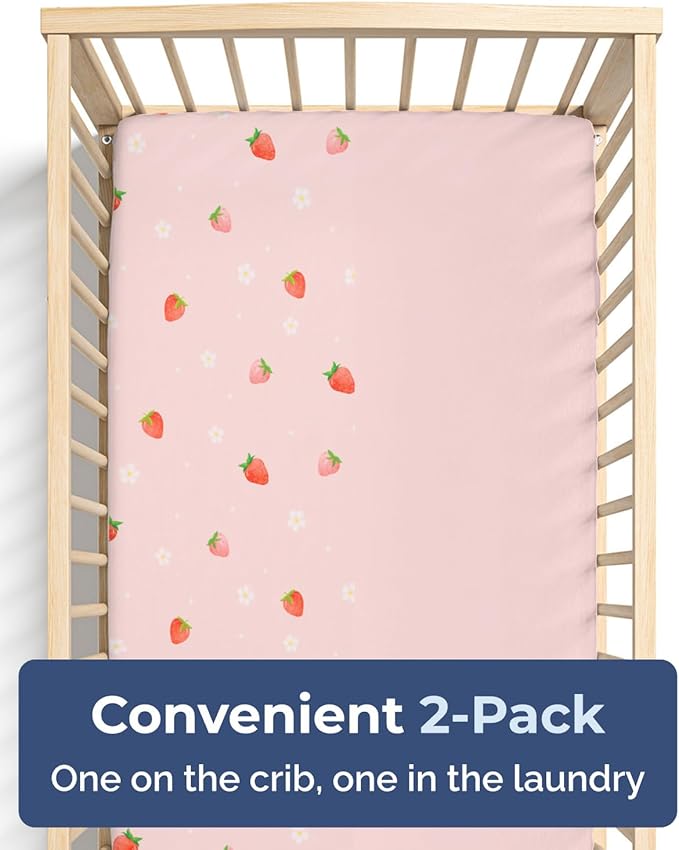 Baby Crib Sheets for Boys & Girls - Pack of 2 Fitted Microfiber Crib Sheets for Standard Crib & Toddler Mattress - Breathable & Wrinkle Free - Machine Washable - Oeko Tex - 52x28x8in - Strawberries