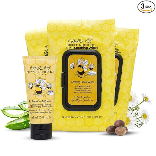 BELLA B Bundle Pregnancy Gift for Mom | 4-in-1 Soothing Wipes for Cleaning Pump Parts, Pacifiers & Baby Care | Nipple Nurture Butter to Help Prevent and Soothe Sore or Cracked Nipples | 3 Pack + 2oz