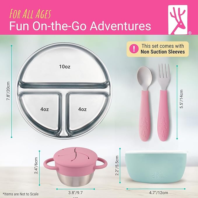Elk and Friends Kids Stainless Steel Mealtime Bundle | Plates, Bowls, Snack Cups + Toddler Utensils | Silicone Sleeves + Travel Storage Lids | For Meals + Snacks | Dishwasher Safe