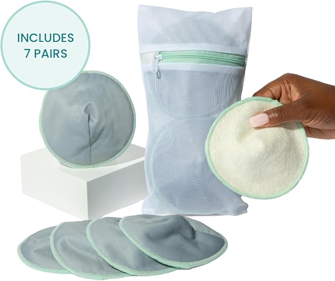 Motif Medical Reusable Nipple Pads for Breastfeeding - Washable Nursing Pads w/Laundry Bag - PUL Waterproof Back & Leak-Proof Bamboo Nursing Pads - Lactation Pads for Women (7 Pairs)