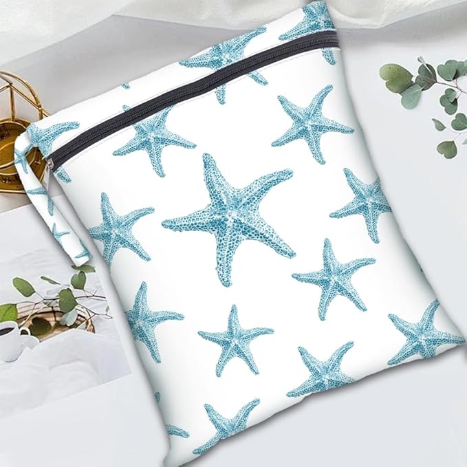 2Pcs 2 Sizes Starfish Wet Bag Swimsuit Beach Wet Bags Ocean Theme Polyester Waterproof Sandproof Reusable Storage Zipper Pouch for Friends Makeup Swimsuit Travel Dirty Diaper Clothes Gifts