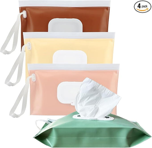 Reusable Wipes Pouch, 4 Pack Wipe Holder for Diaper Bag, Portable Refillable Wipes Container Dispenser for Travel & Home Use