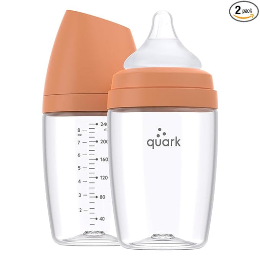 BuubiBottle Max Slow Flow Bottle for Newborn Babies by Quark - with Anti-Colic RealFeel Nipple to Simulate Breastfeeding - BPA-Free, PVC-Free, Toxin-Free - 8 Oz Bottle with Lid, 2 Pack - Orange