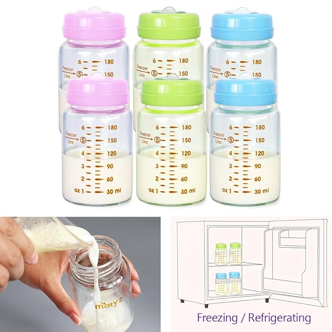 Matyz 6-Pack Borosilicate Glass Breast Milk Bottles (6 oz, 3 Colors) - Wide Neck Breastmilk Collection and Storage Bottle - Formula Storage Bottles Compatible with Medela Avent Spectra Pumps
