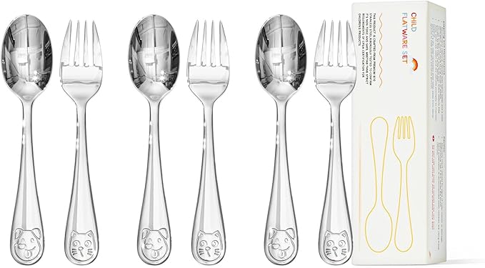 KINGSTONE Kids Silverware Set, 6-Piece Large Forks & Spoons, 18/10 Stainless Steel, Cat & Dog Print, Ergonomic Flatware for Self-Feeding Toddlers, Home & Travel
