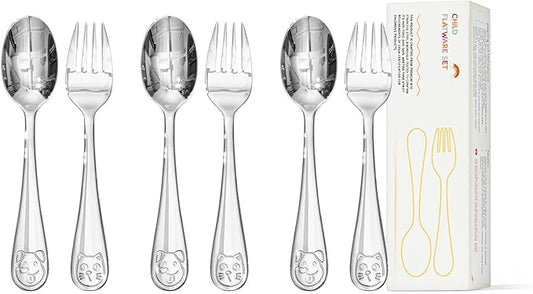 KINGSTONE Kids Silverware Set, 6-Piece Large Forks & Spoons, 18/10 Stainless Steel, Cat & Dog Print, Ergonomic Flatware for Self-Feeding Toddlers, Home & Travel