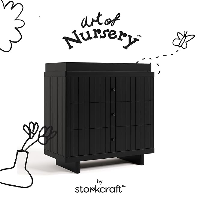 Storkcraft Kyoto 3 Drawer Chest with Topper (Black) - GREENGUARD Gold Certified, Nursery & Kids' Bedroom Wood Chest, Interlocking Drawer System, and Easy Assembly with Pre-Installed Tracks