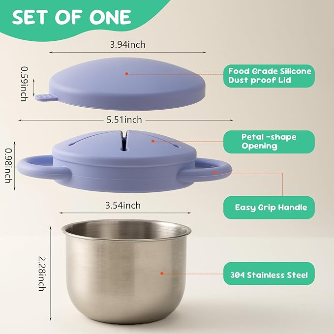 Bufilea 1 Pack Snack Containers for Toddlers, Stainless Steel Toddler Snack Cups with Silicone Food Catcher & Lids,Snack Cups for toddlers Spill Proof
