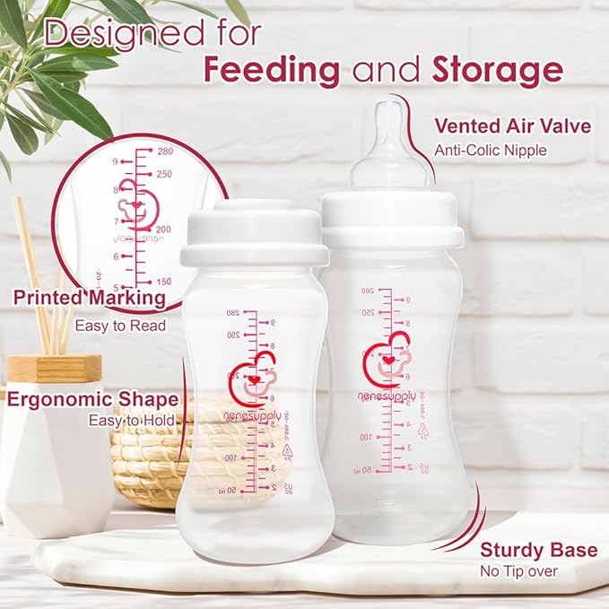 Nenesupply Feeding and Storage Bottles Collection for Spectra S1 S2 Motif Luna Breast Pumps 2 pc 9oz 280ml with Sealing Disc Anti Colic Feeding Breastmilk Storage Replace Spectra Bottles